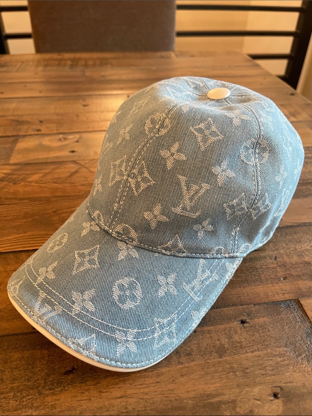 Light Blue Monogram Denim Cap with White Trim